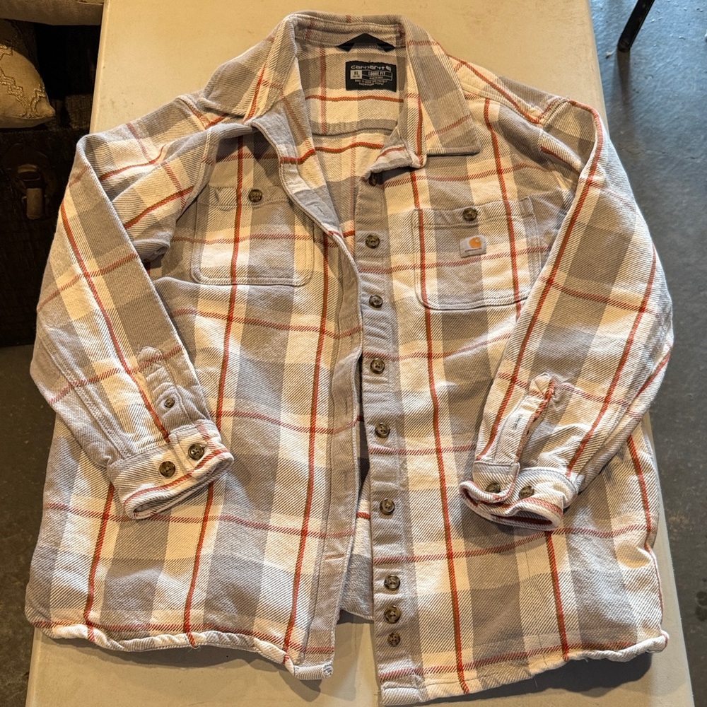 Carhartt Beige and Red Plaid Women's Button-Down Shacket